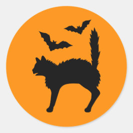 Adesivo Redondo Gato de Halloween Assustado e Silhueta de Morcegos