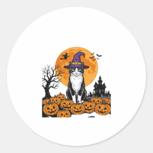 Adesivo Redondo Gato de Halloween Bruxa Abóbora Vintage Assustador