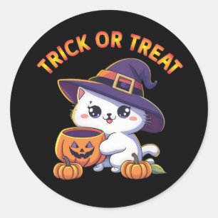 Adesivo Redondo Gato de Halloween com Jack O' Lanterna Pumpkin