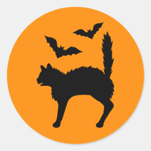 Adesivo Redondo Gato De Halloween E Morcegos Silhuette Laranja