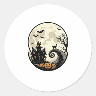 Adesivo Redondo Gato de Halloween Vintage Lua Casa Assombrada Veto