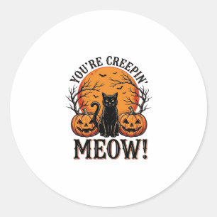 Adesivo Redondo Gato de Halloween Vintage Meow Sinistro Gravação_1