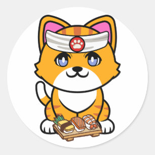 Adesivo Redondo Gato de laranja engraçado é um chef de sushi