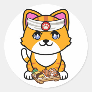 Adesivo Redondo Gato de laranja engraçado é um chef de sushi