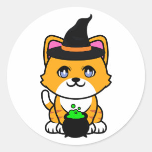 Adesivo Redondo Gato de laranja engraçado é uma bruxa