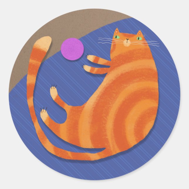 Adesivo Redondo Gato de mesa laranja com brinquedo (Frente)