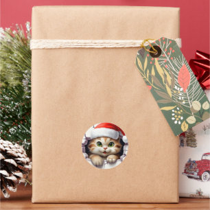 Adesivo Redondo Gato de Natal bonito através da parede ilustrado