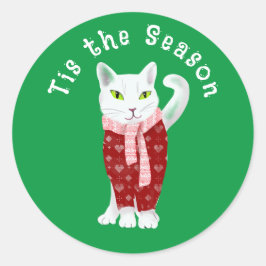 Adesivo Redondo Gato De Natal Branco Em Feriado Personalizado