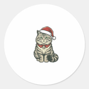 Adesivo Redondo Gato de Natal Chapéu do Papai Noel Design de Gravu