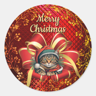 Adesivo Redondo Gato de Natal em Estilo Vintage