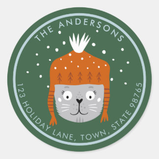 Adesivo Redondo Gato de Natal Gato Laranja Verde, Personalizável