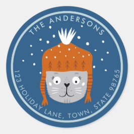 Adesivo Redondo Gato de Natal giro em cor laranja azul de chapéu p