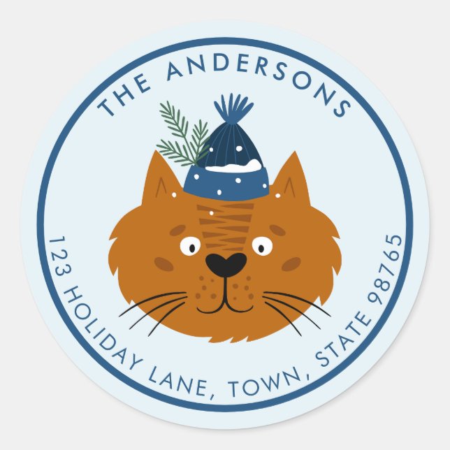 Adesivo Redondo Gato de Natal giro em Knit Azul Personalizável (Frente)