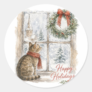 Adesivo Redondo Gato de Natal na Janela com Coroa