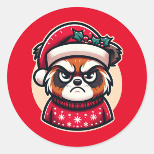 Adesivo Redondo Gato de Natal rabugento - Feriado Festivo Engraçad