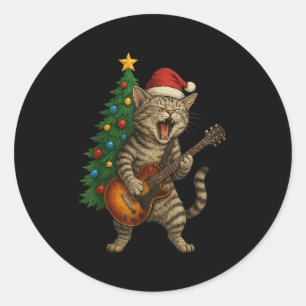 Adesivo Redondo Gato De Natal Tocando Violão Rock E Roll Star Ca