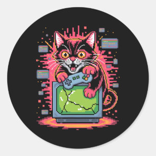 Adesivo Redondo Gato de Raiva de Pixel Jogador Retro Falha no Esti