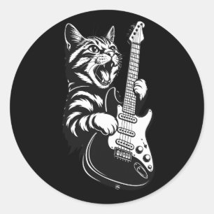 Adesivo Redondo Gato de Rocha Tocando Guitarra Elétrica Música L