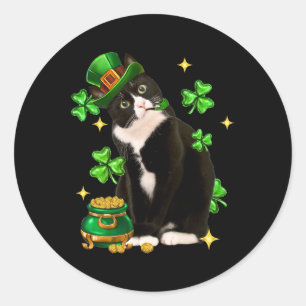 Adesivo Redondo Gato de Shamrock Irlandês de Tuxedo Cute de Dia de