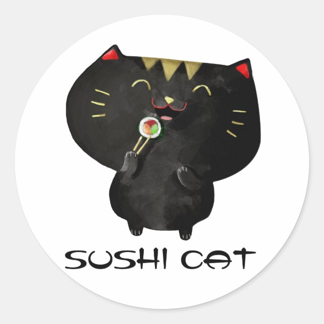 Adesivo Redondo Gato de Sushi Preto Kawaii Cute (Frente)