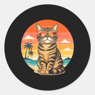 Adesivo Redondo Gato de Verão Retrô Pôr do Sol na Praia Férias Vin