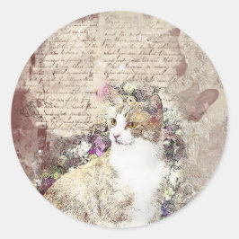 Adesivo Redondo Gato de Vintagem de Aquarela