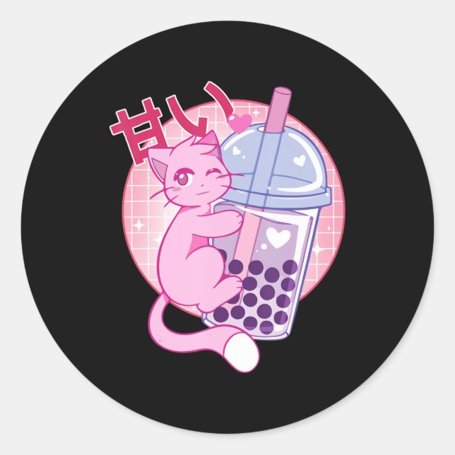 Adesivo Redondo Gato Divertido Boba Tea Bubble Tea Anime Kawaii Gi (Frente)