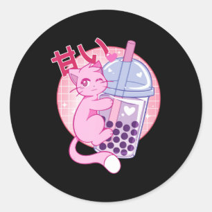 Adesivo Redondo Gato Divertido Boba Tea Bubble Tea Anime Kawaii Gi