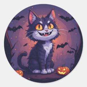 Adesivo Redondo Gato Divertido de Halloween com Abóboras e Morcego
