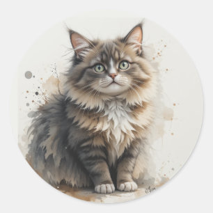 Adesivo Redondo Gato Divertido de Pelo Comprido Tabby Filhote Anim
