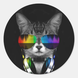Adesivo Redondo Gato DJ com óculos e fones de ouvido