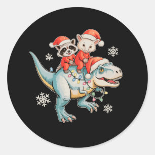 Adesivo Redondo Gato do mato Gambá montado em T Rex Papai Noel Cha