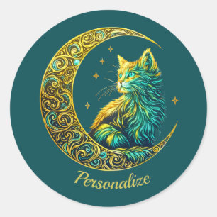 Adesivo Redondo Gato Dourado Místico no Luar Celestial Verde
