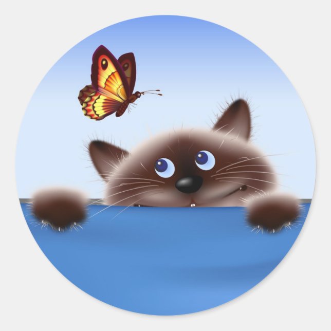 Adesivo Redondo Gato e borboleta (Frente)