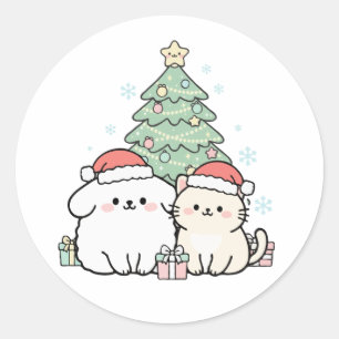 Adesivo Redondo Gato e Cachorro de Natal Fofos Kawaii Festa de Fim
