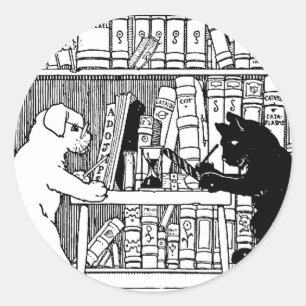 Adesivo Redondo Gato e Cachorro Vintage Biblioteca Literária