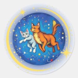 Adesivo Redondo Gato e Cão no Espaço