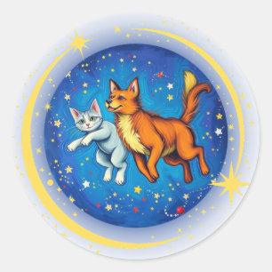 Adesivo Redondo Gato e Cão no Espaço