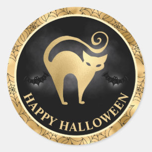 Adesivo Redondo Gato e Morcegos Dourado & Preto Feliz Halloween