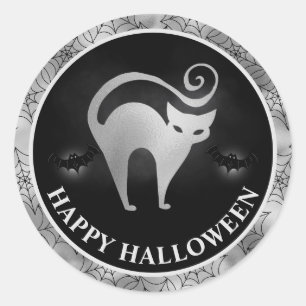 Adesivo Redondo Gato e Morcegos Prata & Preto Feliz Halloween