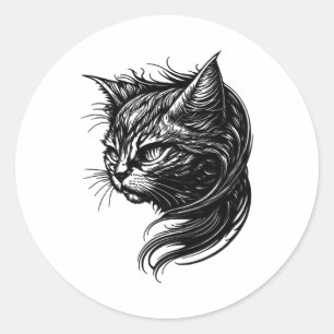 Adesivo Redondo Gato Elegante No Estilo De Tatuagem De Vintage