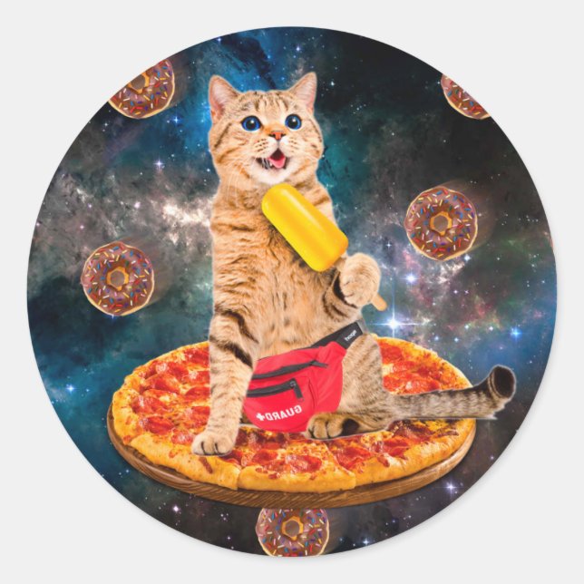 Adesivo Redondo Gato em pizza comendo gelo (Frente)
