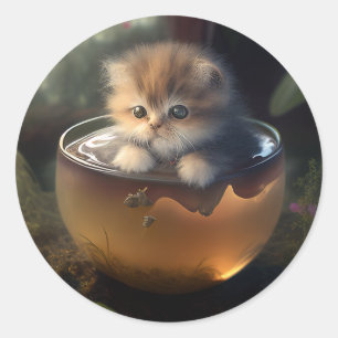 Adesivo Redondo Gato em uma equipe Gatinho num Vinheta de Gato d