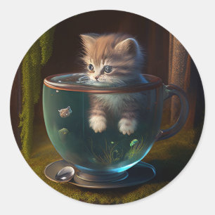 Adesivo Redondo Gato em uma equipe   Gatinho num Vinheta de Gato d
