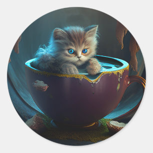 Adesivo Redondo Gato em uma equipe Gatinho num Vinheta de Gato d