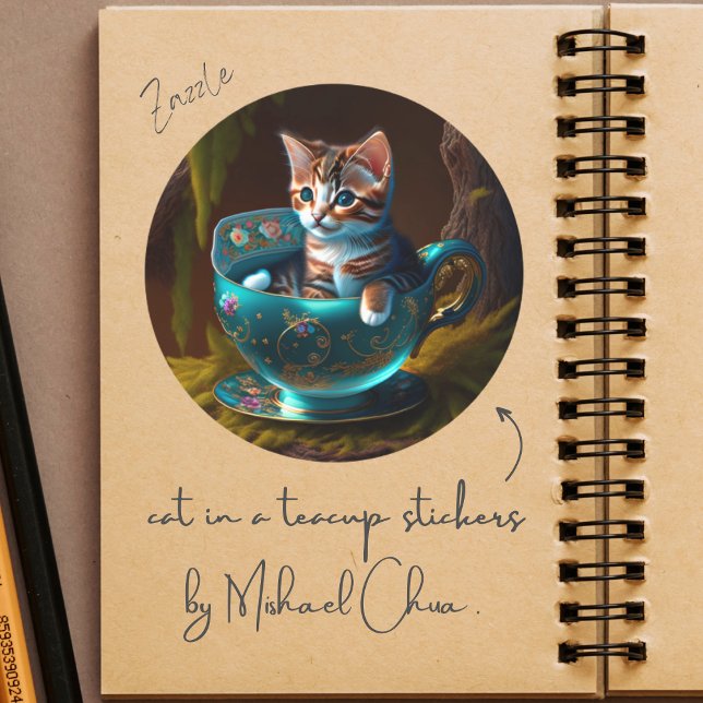 Adesivo Redondo Gato em uma equipe | Gatinho num Vinheta de Gato d (Criador carregado)