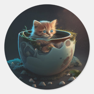Adesivo Redondo Gato em uma equipe Gatinho num Vinheta de Gato d