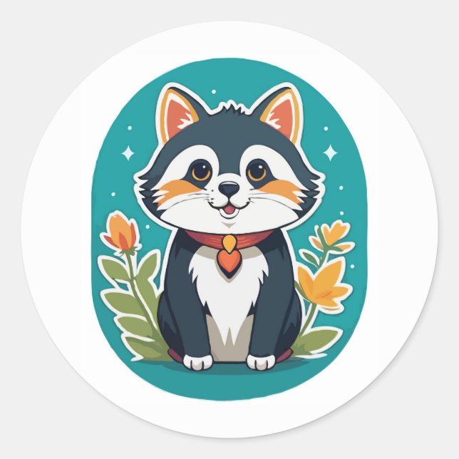 Adesivo Redondo Gato Encantador - Ilustração Felina Whimsical (Frente)