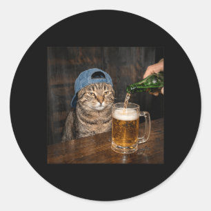 Adesivo Redondo Gato Engraçado Bebendo Cerveja Chapéu Gráfico Impa