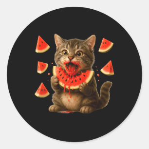 Adesivo Redondo Gato Engraçado Comendo Fatia de Melancia Dia da Me
